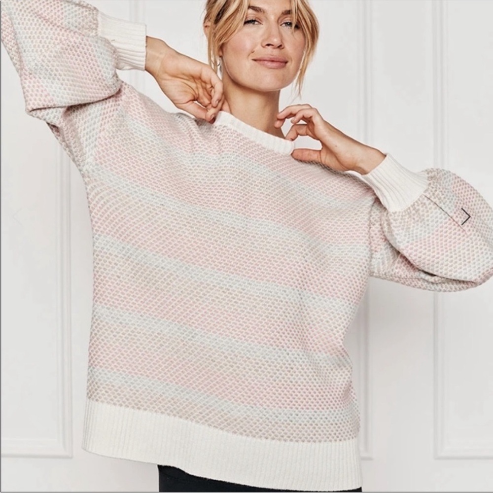 Summersalt Merino Wool Cashmere Pastel Striped Puff Sleeve Crew Neck Sweater